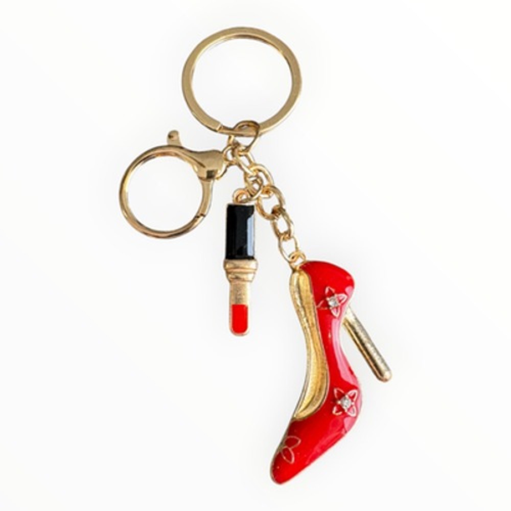 Women's Red Gold Black Lipstick High Heel Shoe Charm Key Chain 4" Fashion